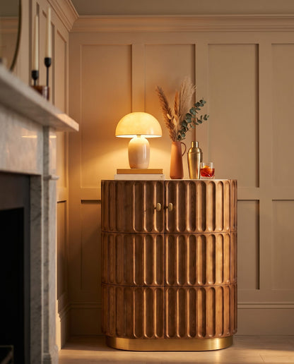 Aurora - Acacia Wood Bar Cabinet with Fluted Panel Design & Natural Marble Top
