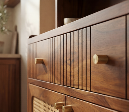 Artisan Small Kitchen Cabinet with Fluted Glass, Cane Weave & Brass Knobs