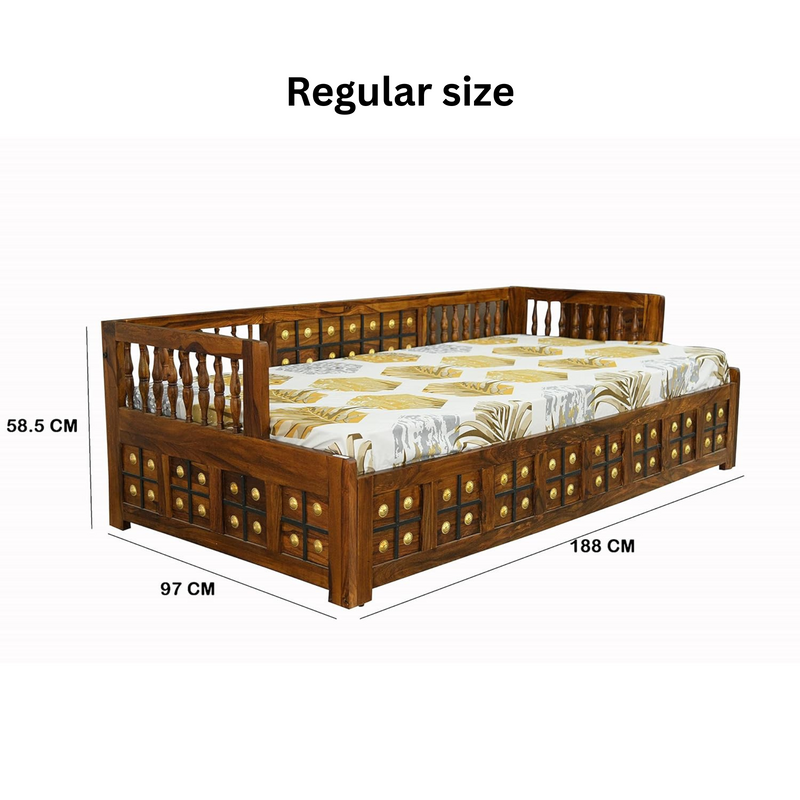 Suryavanshi Sheesham Wood Diwan Bed with Box Storage – Brass Work (W188 x D97 x H59 cm)