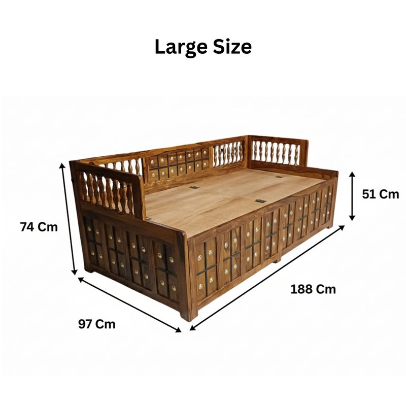 Suryavanshi Sheesham Wood Diwan Bed with Box Storage – Brass Work (W188 x D97 x H59 cm)