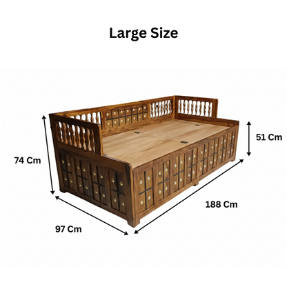 Suryavanshi Sheesham Wood Diwan Bed with Box Storage – Brass Work (W188 x D97 x H59 cm)