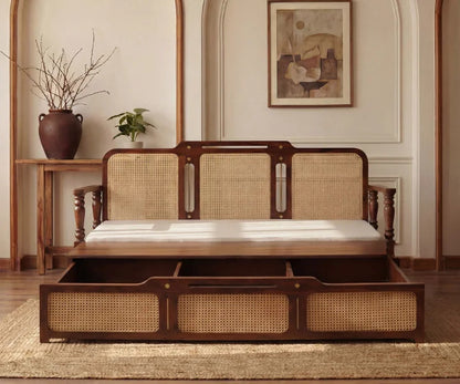 Modern Sheesham Wood 3-Seater Sofa Cum Bed with Cane Weaving Storage Drawer | Convertible Wooden Daybed with Cushions