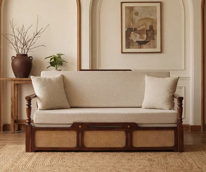 Modern Sheesham Wood 3-Seater Sofa Cum Bed with Cane Weaving Storage Drawer | Convertible Wooden Daybed with Cushions