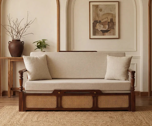 Modern Sheesham Wood 3-Seater Sofa Cum Bed with Cane Weaving Storage Drawer | Convertible Wooden Daybed with Cushions
