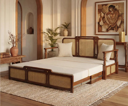Modern Sheesham Wood 3-Seater Sofa Cum Bed with Cane Weaving Storage Drawer | Convertible Wooden Daybed with Cushions
