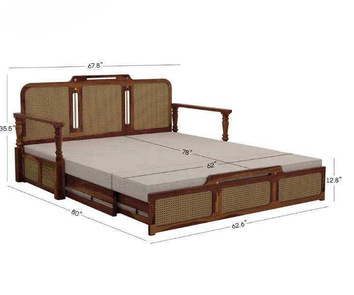 Modern Sheesham Wood 3-Seater Sofa Cum Bed with Cane Weaving Storage Drawer | Convertible Wooden Daybed with Cushions
