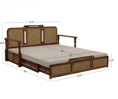 Modern Sheesham Wood 3-Seater Sofa Cum Bed with Cane Weaving Storage Drawer | Convertible Wooden Daybed with Cushions