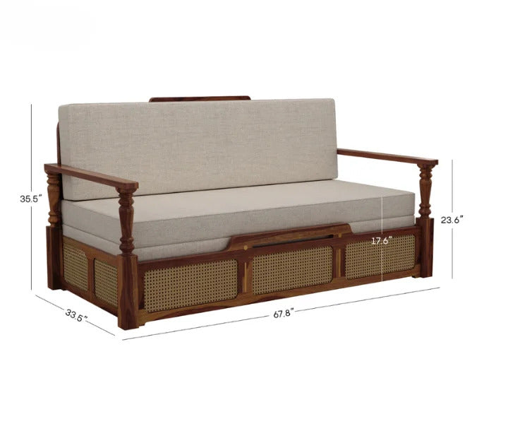 Modern Sheesham Wood 3-Seater Sofa Cum Bed with Cane Weaving Storage Drawer | Convertible Wooden Daybed with Cushions
