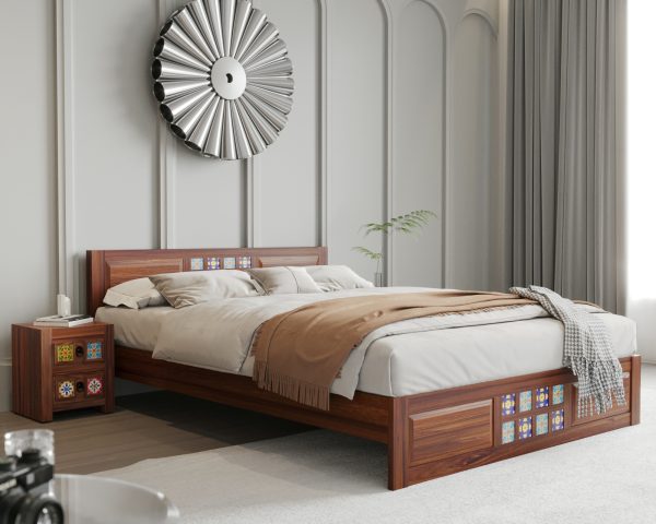 Suryavanshi Sheesham Wood King Size Bed with Pottery Tiles Design – Without Storage