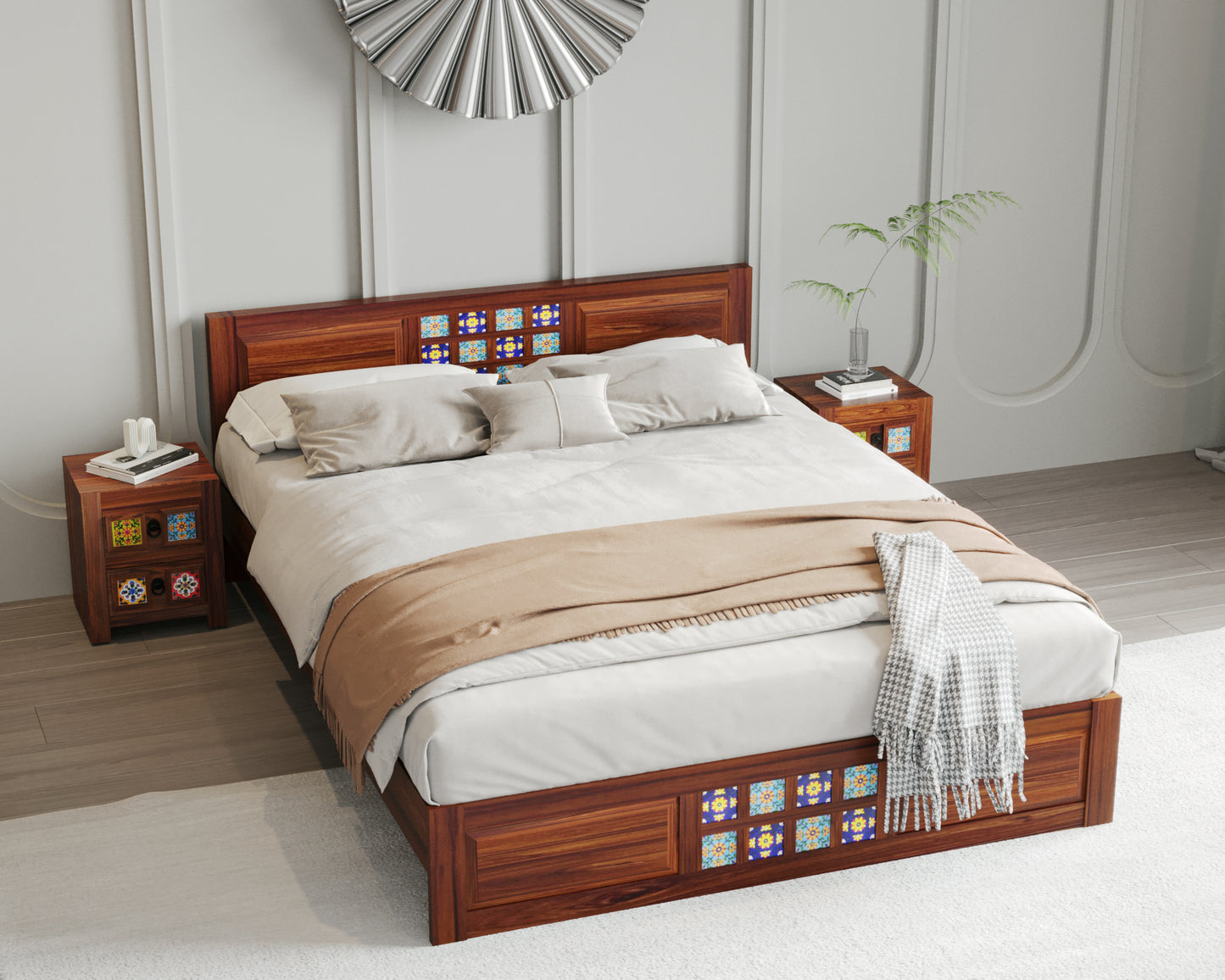 Suryavanshi Sheesham Wood King Size Bed with Pottery Tiles Design – Without Storage