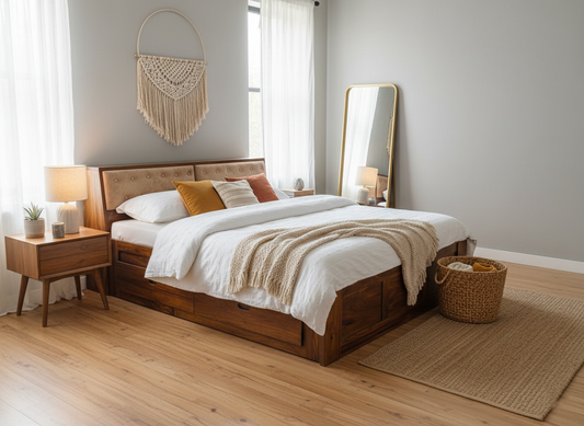 JARVIS Sheesham Wood King Size Bed with Hydraulic Storage & Upholstered Headboard