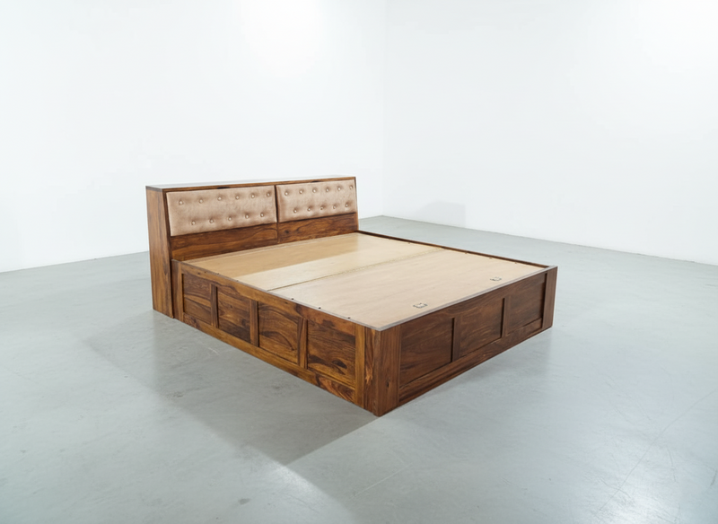 JARVIS Sheesham Wood King Size Bed with Hydraulic Storage & Upholstered Headboard