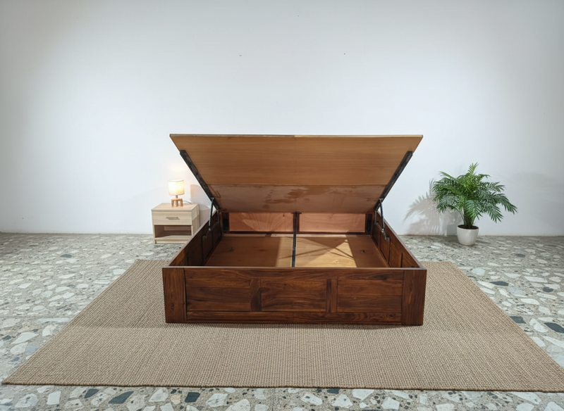 JARVIS Sheesham Wood King Size Bed with Hydraulic Storage & Upholstered Headboard