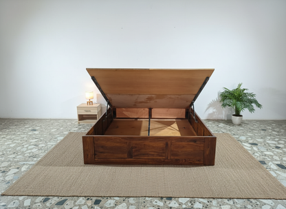 JARVIS Sheesham Wood King Size Bed with Hydraulic Storage & Upholstered Headboard