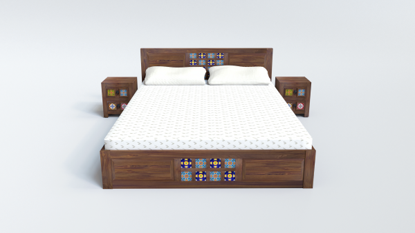 Suryavanshi Sheesham Wood King Size Bed with Pottery Tiles Design – Without Storage