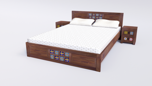 Suryavanshi Sheesham Wood King Size Bed with Pottery Tiles Design – Without Storage