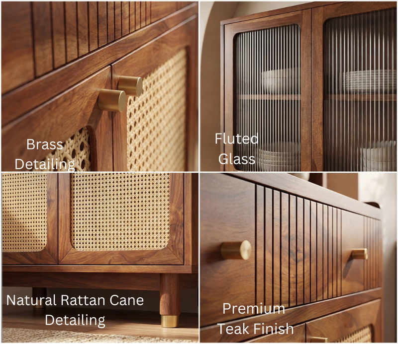 Artisan Small Kitchen Cabinet with Fluted Glass, Cane Weave & Brass Knobs