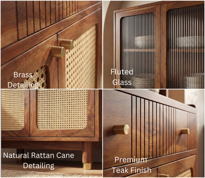 Artisan Small Kitchen Cabinet with Fluted Glass, Cane Weave & Brass Knobs