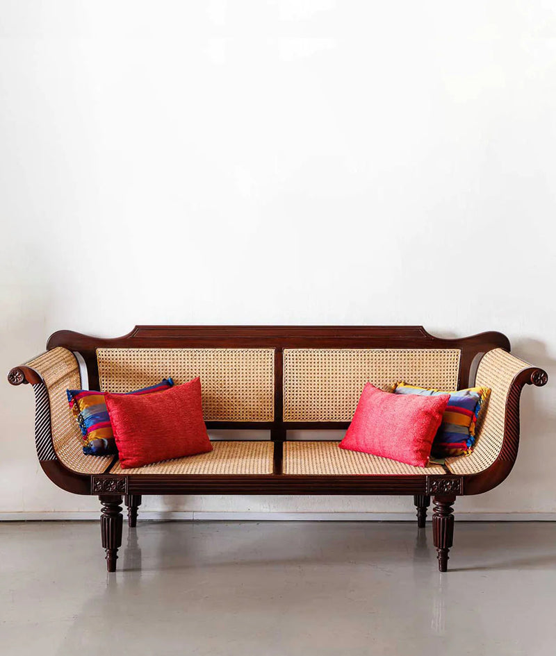 Handcrafted Solid Wood & Natural Cane Sofa | British Colonial Style Living Room Couch with Rattan Weaving