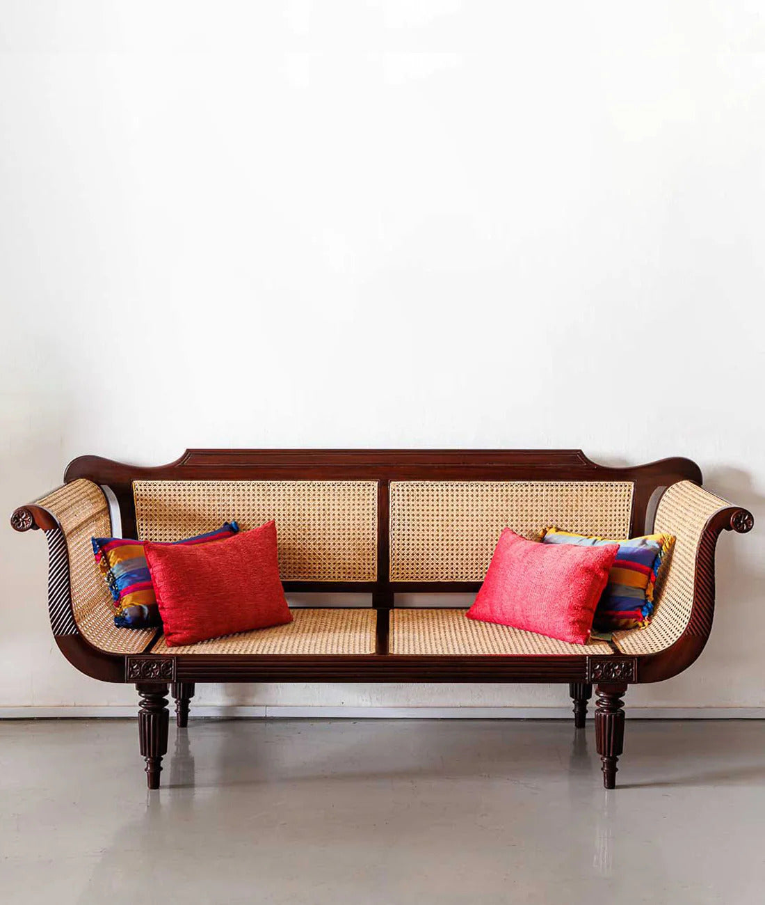 Handcrafted Solid Wood & Natural Cane Sofa | British Colonial Style Living Room Couch with Rattan Weaving