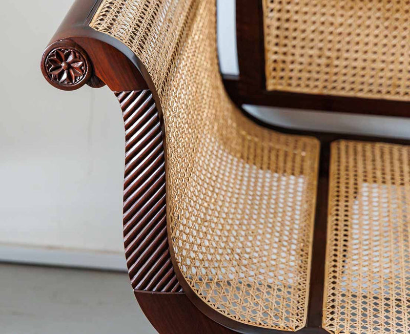 Handcrafted Solid Wood & Natural Cane Sofa | British Colonial Style Living Room Couch with Rattan Weaving