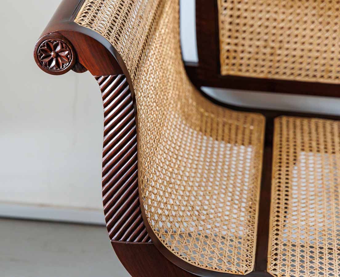 Handcrafted Solid Wood & Natural Cane Sofa | British Colonial Style Living Room Couch with Rattan Weaving