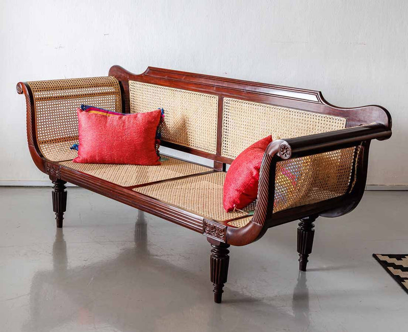 Handcrafted Solid Wood & Natural Cane Sofa | British Colonial Style Living Room Couch with Rattan Weaving