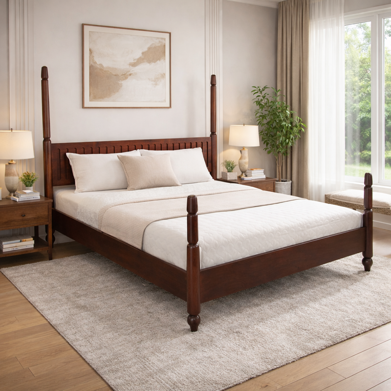 Woodenza Solid Wood Poster Bed Classic Design with Slatted Headboard (Walnut Finish)