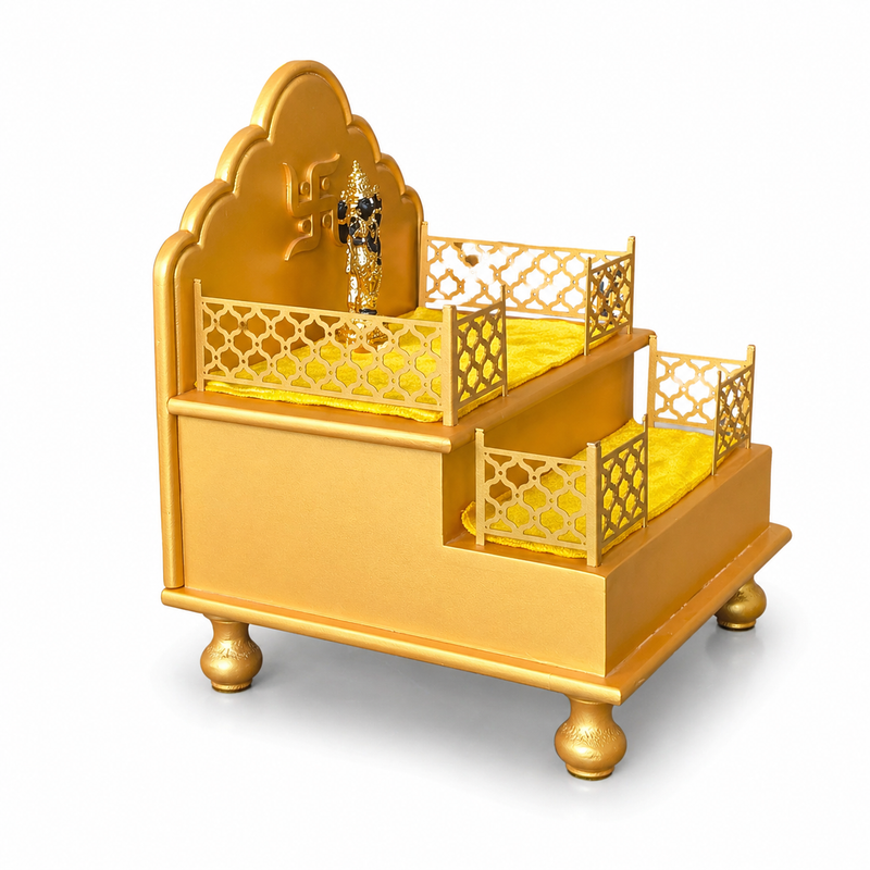 Wooden Singhasan for Home Temple | Handmade Pooja Throne for God Idol | Decorative Mandir Chowki for Laddu Gopal, Krishna & Deity Placement | Golden Finish 2-Step Design (Idol Not Included)