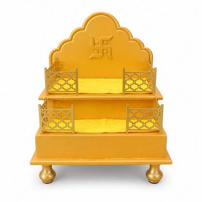 Wooden Singhasan for Home Temple | Handmade Pooja Throne for God Idol | Decorative Mandir Chowki for Laddu Gopal, Krishna & Deity Placement | Golden Finish 2-Step Design (Idol Not Included)