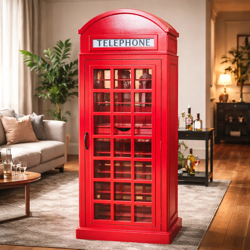 Giles British Telephone Booth Style Bar Cabinet in Red with Glass Door
