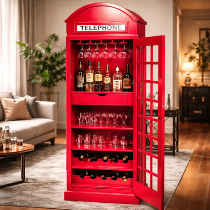 Giles British Telephone Booth Style Bar Cabinet in Red with Glass Door