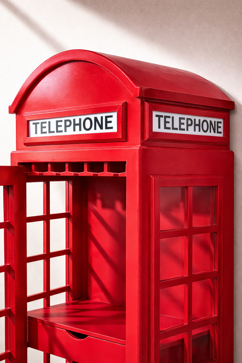 Giles British Telephone Booth Style Bar Cabinet in Red with Glass Door