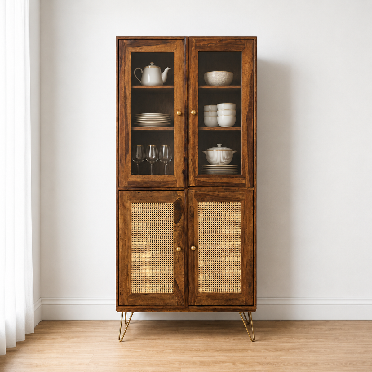 Nay-7 Sheesham Wood 4 Door Soft Closed Shelves Storage Kitchen Cabinet
