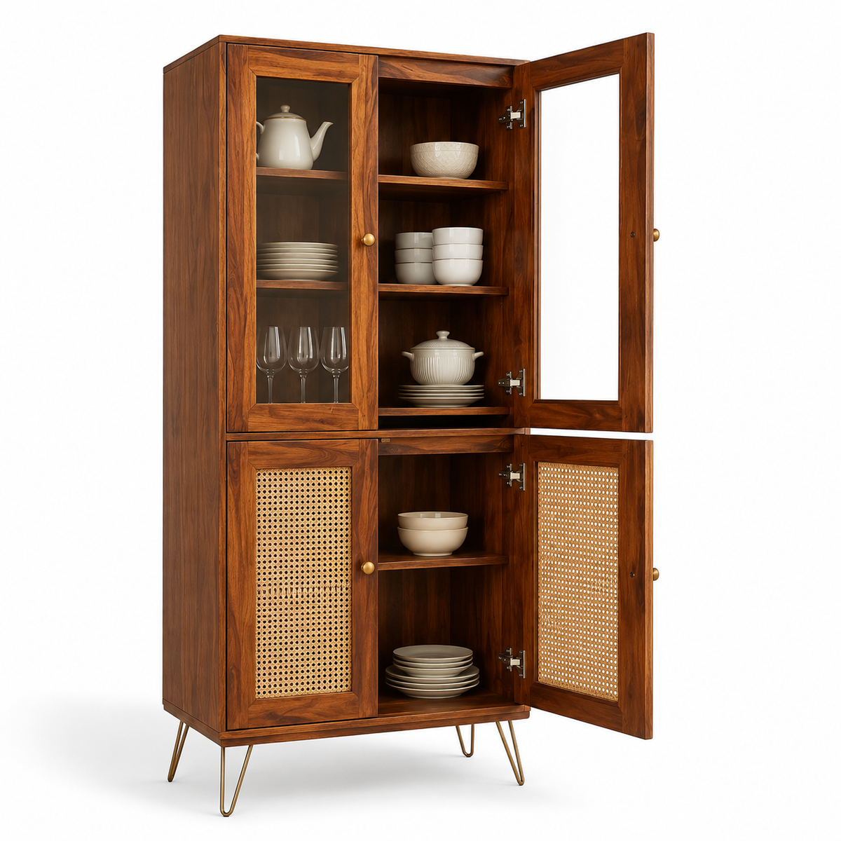 Nay-7 Sheesham Wood 4 Door Soft Closed Shelves Storage Kitchen Cabinet