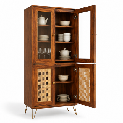 Nay-7 Sheesham Wood 4 Door Soft Closed Shelves Storage Kitchen Cabinet