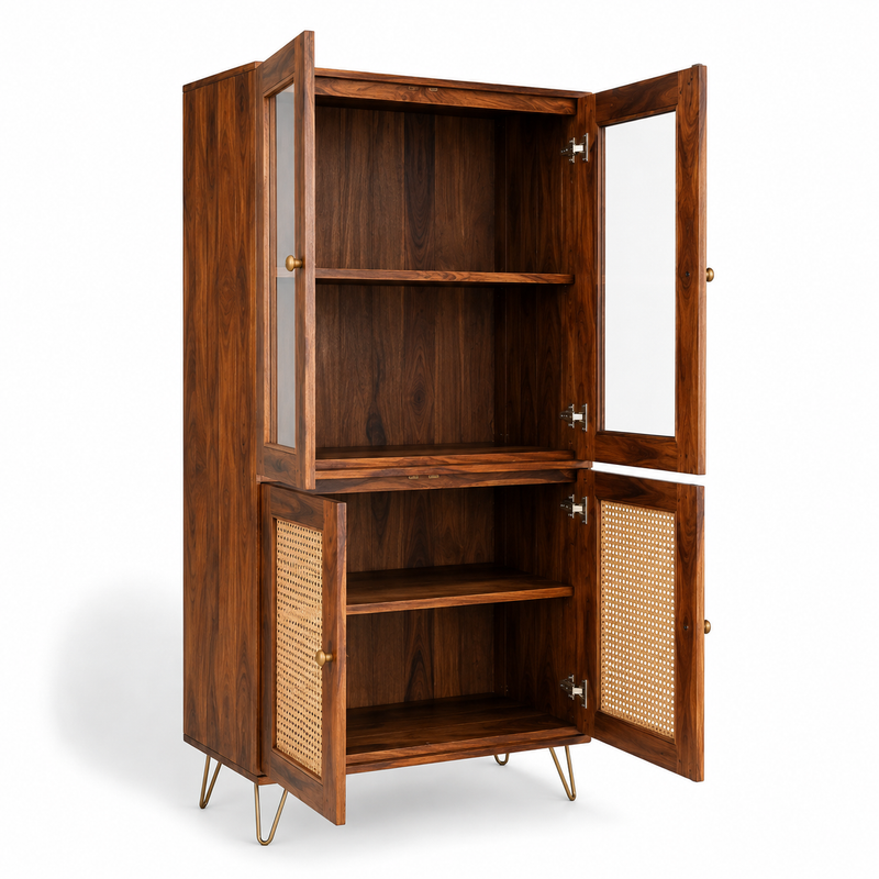 Nay-7 Sheesham Wood 4 Door Soft Closed Shelves Storage Kitchen Cabinet