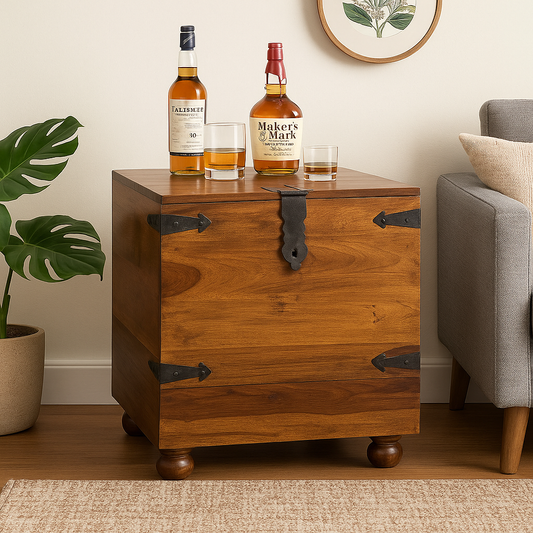 Suryavanshi Solid Sheesham Wood Bar Cabinet for Home | Vintage-Style Liquor Storage Unit with Iron Fittings & Lock | Wooden Mini Bar Storage for Living Room, Dining & Lounge