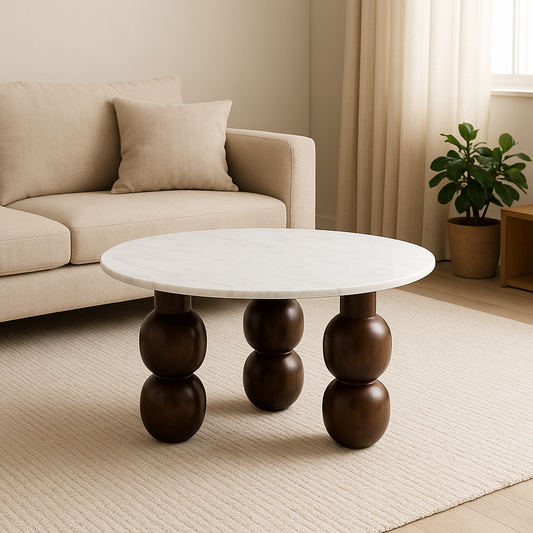 Suryavanshi Premium Round Center Table with Banswara White Marble Top & Solid Wood Ball Legs – Modern Coffee Table for Living Room, Sofa Centerpiece, Elegant Marble Furniture
