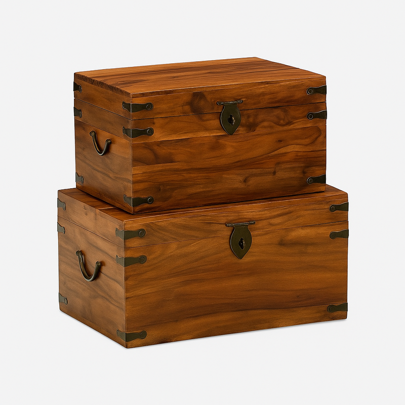Suryavanshi Handcrafted Sheesham Wood Trunk Box Set of 2 – Vintage Wooden Storage Chest with Metal Fittings for Home & Living Room Décor