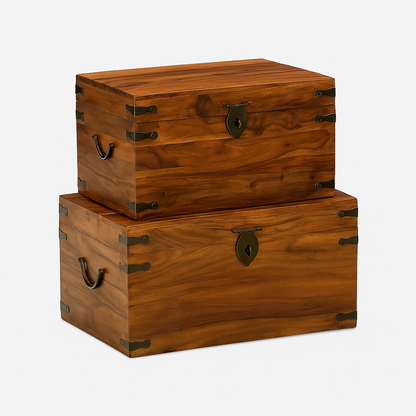Suryavanshi Handcrafted Sheesham Wood Trunk Box Set of 2 – Vintage Wooden Storage Chest with Metal Fittings for Home & Living Room Décor