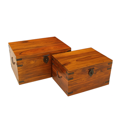 Suryavanshi Handcrafted Sheesham Wood Trunk Box Set of 2 – Vintage Wooden Storage Chest with Metal Fittings for Home & Living Room Décor