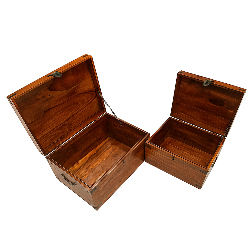 Suryavanshi Handcrafted Sheesham Wood Trunk Box Set of 2 – Vintage Wooden Storage Chest with Metal Fittings for Home & Living Room Décor