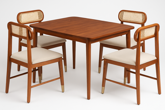 Suryavanshi Sheesham Solid Wood 4 Seater Dining Table Set with Rattan Cane Back Chairs – Honey Finish (seat fabric can be customized )