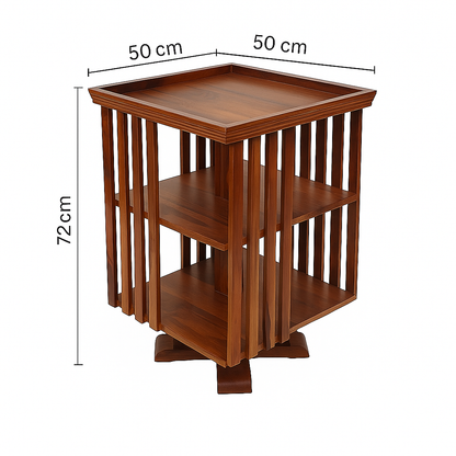 Solid Sheesham Wood Rotating Bookshelf for Living Room | 360° Swivel Book Rack with 2-Tier Storage & Open Shelf Design | Wooden Display Stand for Home & Office (Walnut Finish)