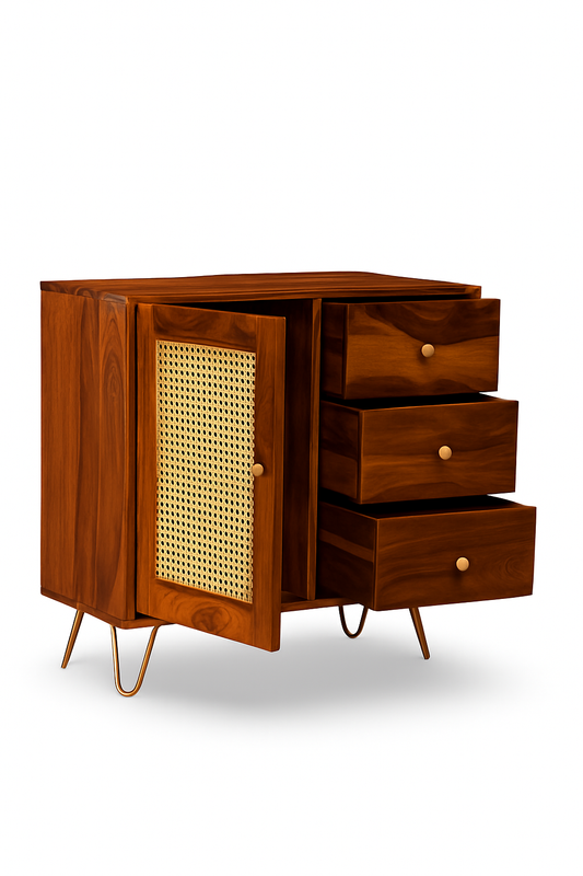 Suryavanshi Solid Wood Sideboard Cabinet with Cane 1 Door & 3Drawers Cane Sideboard and Cabinet | Sideboard for Living Room