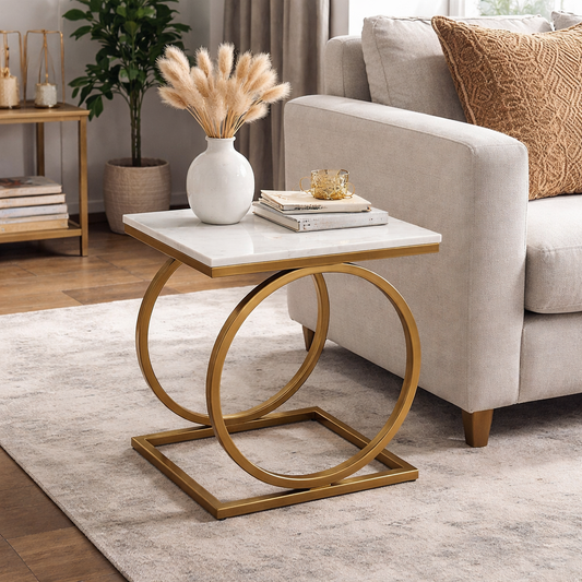 Modern Marble Top Side Table with Gold Finish Metal Base