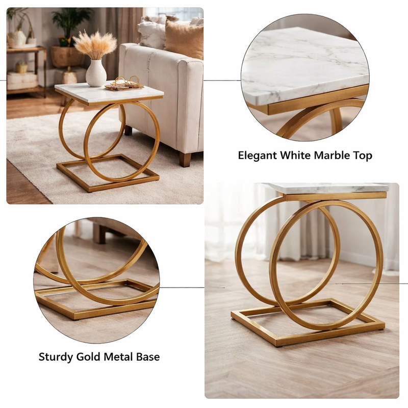 Modern Marble Top Side Table with Gold Finish Metal Base