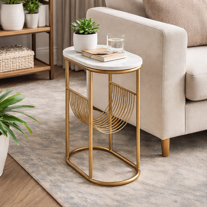 Modern Round Marble Top Side Table With Shelf