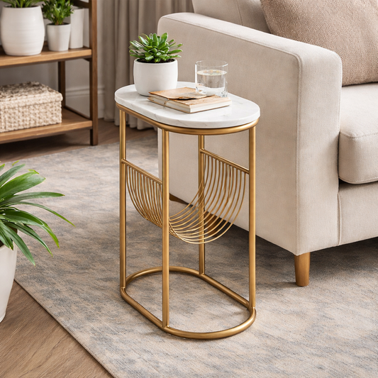 Modern Round Marble Top Side Table With Shelf